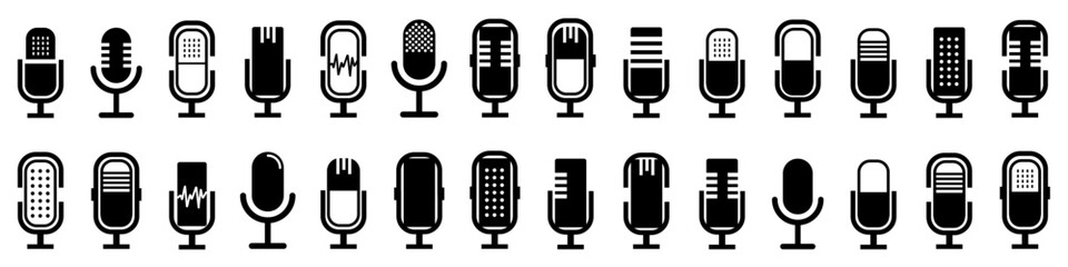 Microphone icon collection for podcast, music, broadcast. Set of black variant microphone icons. Retro microphone logo