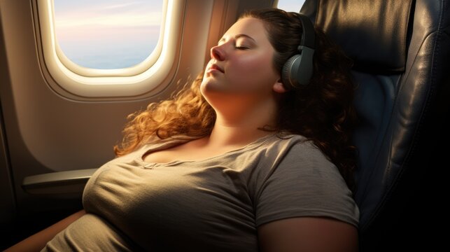 Plus size woman on an airplane. Overweight girl sleeping in an airplane seat