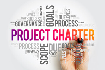 Project Charter - statement of the scope, objectives, and participants in a project, word cloud...
