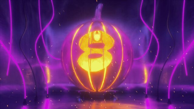 9 to 0 Halloween Countdown with Numbers Cut in Halloween Pumpkin Lamp of Hammered Metal In Neon light and Fire Sparkles. 4K Dark Futuristic Scene.