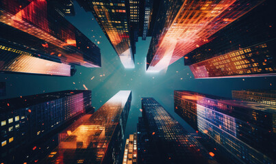 Kaleidoscopic view of skyscrapers, blending urban architecture with artistic flair.