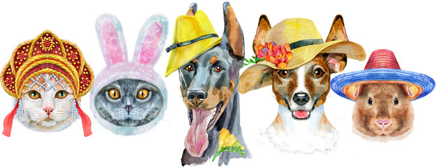 Border from watercolor portraits of dogs, guinea pig and cats - obrazy, fototapety, plakaty