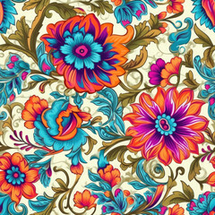 Bold and colorful henna inspired floral motifs seamless pattern, AI Generated .