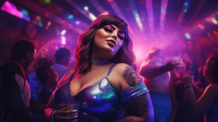 Fototapeta na wymiar Plus size woman at a party in a nightclub. Real people lifestyle.