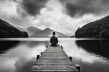 A lonely man sitting on a jetty with a beautiful view of the lake from behind in style of black and white background, Reflective Or Contemplative Concept.
