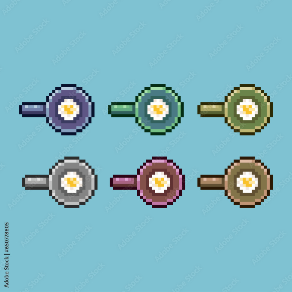 Poster pixel art sets of fying pan cooking eggs with variation color item asset. simple bits of cook eggs o