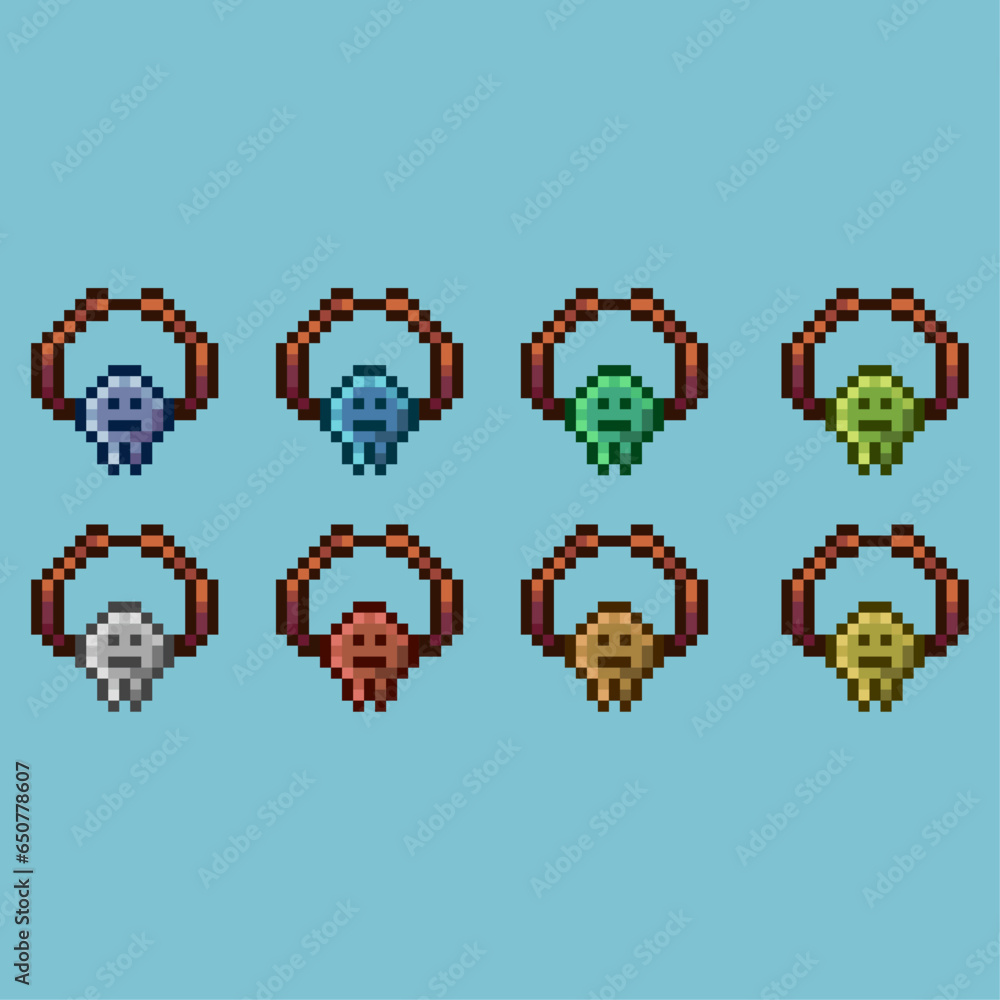 Poster pixel art sets of necklace rpg item loot with variation color item asset. simple bits of necklace on