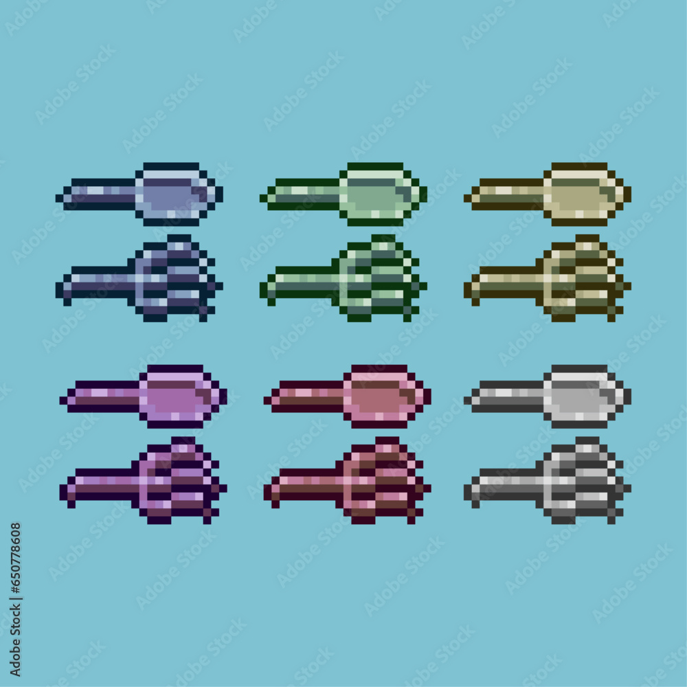 Poster pixel art sets of eat kitchen tool with variation color item asset. simple bits of spoon and fork on