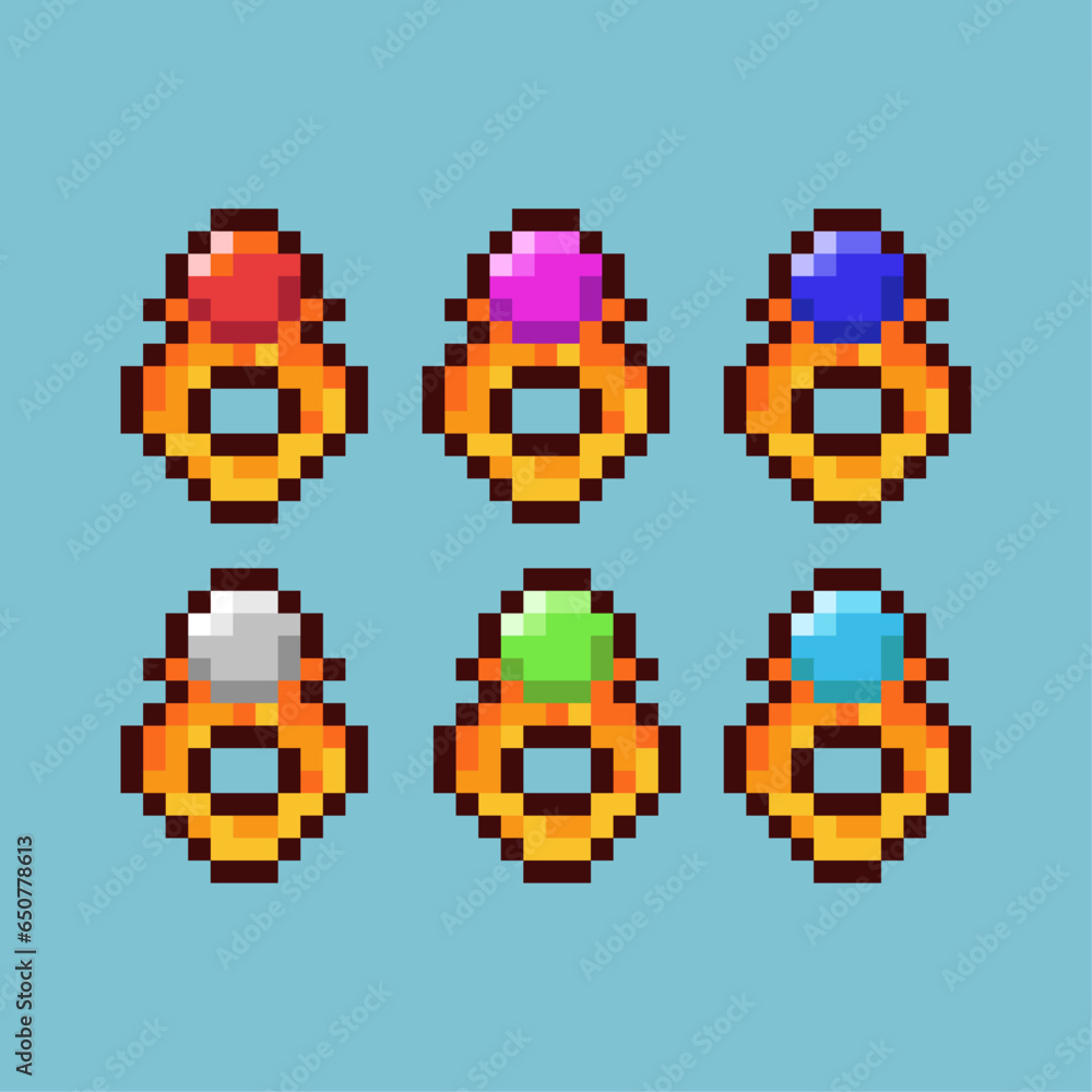 Poster pixel art sets of ring rpg item loot with variation color item asset. simple bits of rings accessory