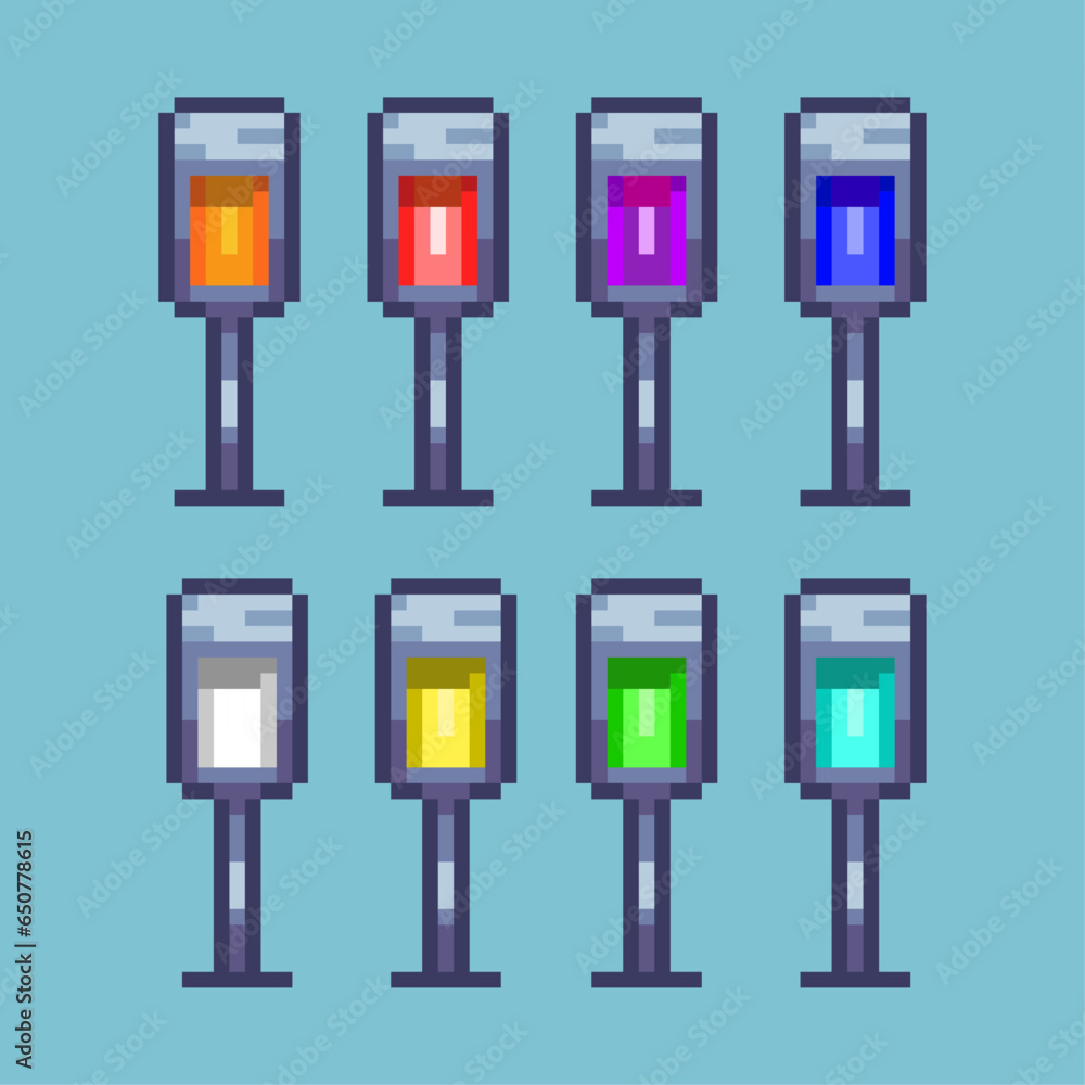 Poster pixel art sets of lamp with variation color item asset. simple bits of lamp decoration on pixelated 