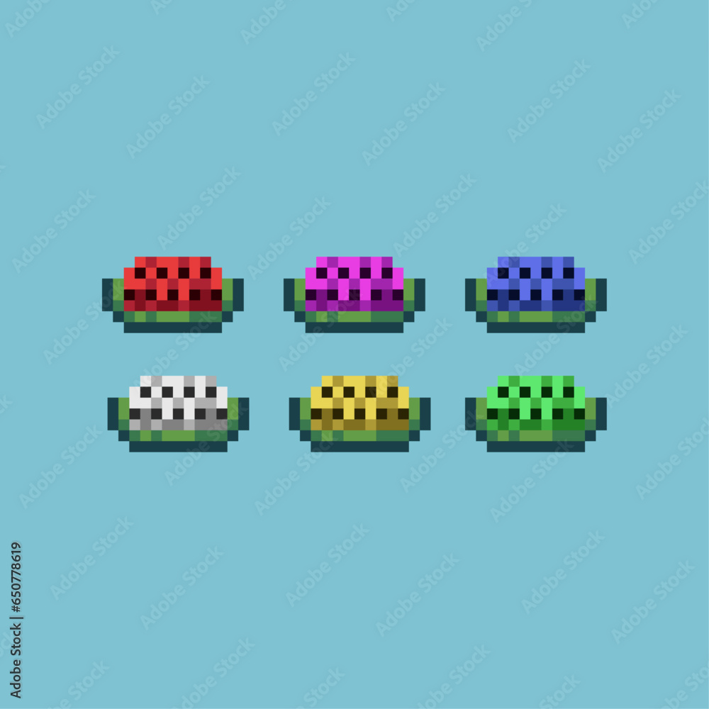 Poster pixel art sets of watermelon food with variation color item asset. simple bits of watermelon on pixe