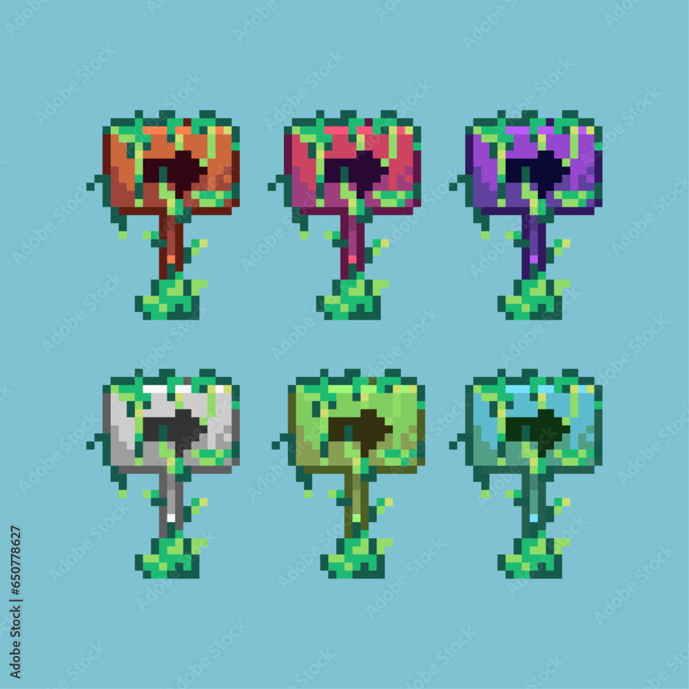 Poster pixel art sets of directional sign with variation color item asset. simple bits of road sign on pixe