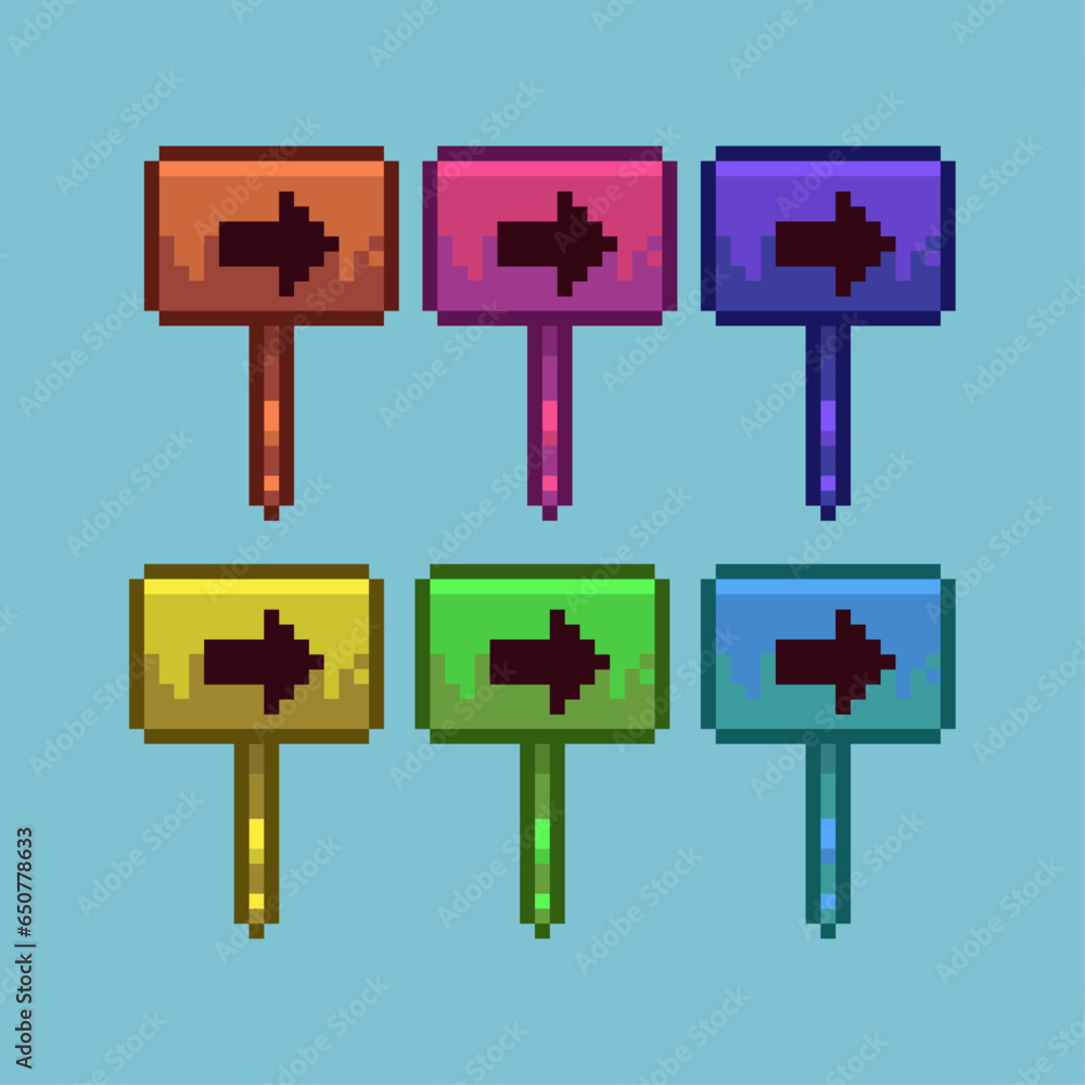 Fototapete pixel art sets of directional sign with variation color item asset. simple bits of road sign on pixe