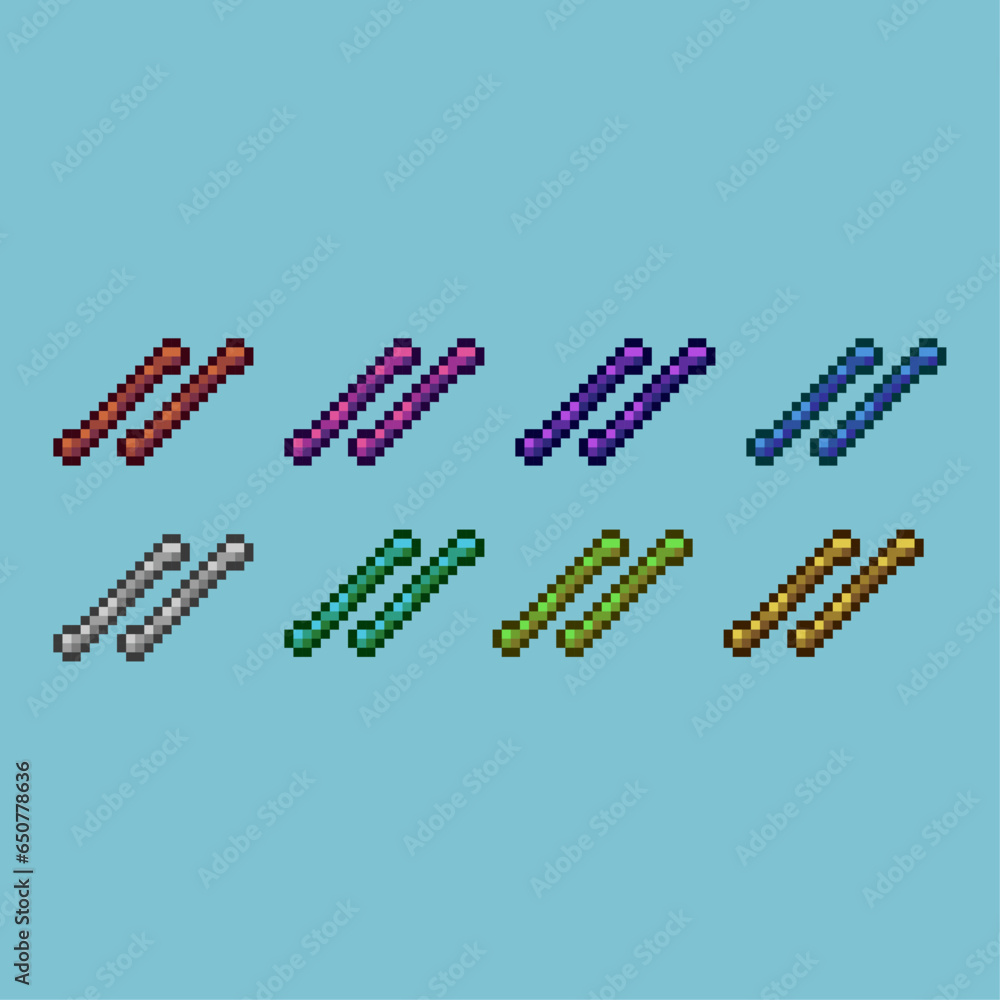 Fototapete pixel art sets of stick wood with variation color item asset. simple bits of stick rpg game on pixel