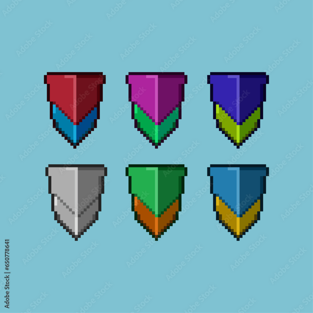 Poster pixel art sets of shield defense with variation color item asset. simple bits of shield ui on pixela