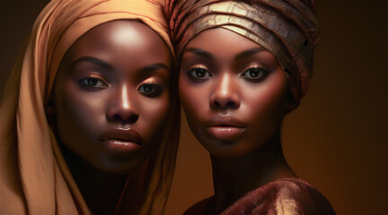 A close up studio portrait of two African women wearing head scarfs and standing cheek to cheek. Friends or sisters.
