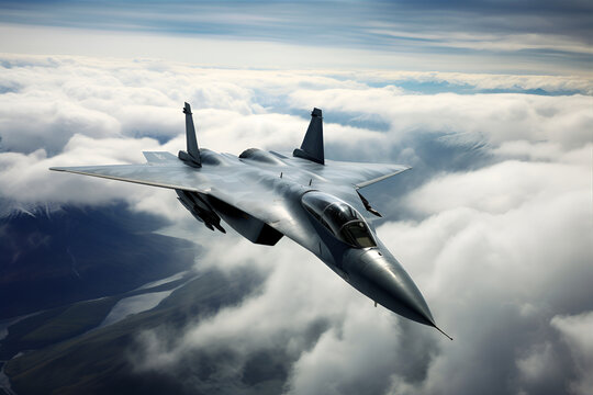Military aircraft fighter jet flying at supersonic in clouds, 5th generation, aerial view