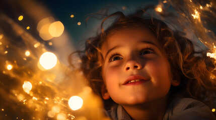 Close-up of child full of curiosity looking at beautiful lights of lanterns at the night sky filled with twinkling stars