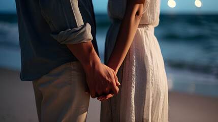 Beautiful moonlit shot of a couple holding hands in vacation at the beach in a romantic situation with waves crashing in the background