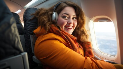 Plus size woman on an airplane. Happy overweight girl flies on vacation.