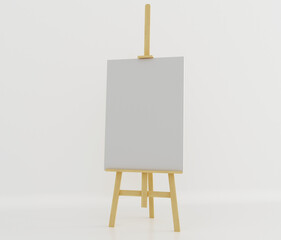 Wooden easel with blank canvas on light background. Space for text. Wooden easel with free space ready for your advertisements and presentations.