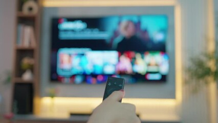 Close up hands of women choosing movie on internet streaming service. Women using remote control to select online movie streaming platform from television. Demand service on smart TV