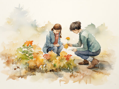 A Minimal Watercolor of a Couple Planting Fall Bulbs in Their Garden