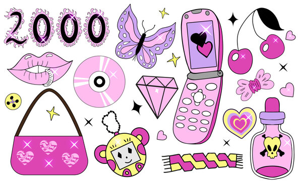 Y2k 2000s Glamorous set. 90s and 2000s style. Nostalgia 00s collection pink with retro phone and fire heart. Vector illustration