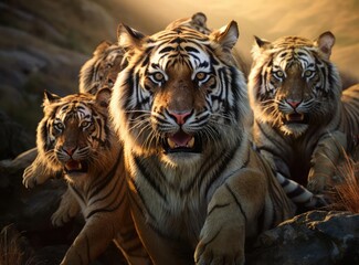 A group of tigers with fangs