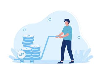 A man push cart full of gold coins concept flat illustration