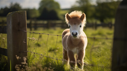 An outdoor portrait of a young newborn pony standing next to a wire fence with a lush green farm pasture in the background.
