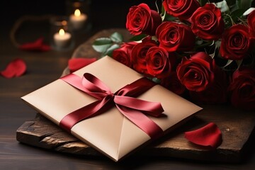 Bouquet of red roses and gift with ribbons on wooden table, close up. Wedding or Valentine's Day...
