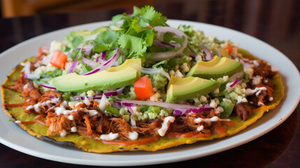 Tlayuda_A_large_thin_crispy_tortilla - A colorful tostada piled high with vibrant vegetables, accompanied by a unique blend of mexican cuisine ingredients, is laid out invitingly on a cozy indoor tab