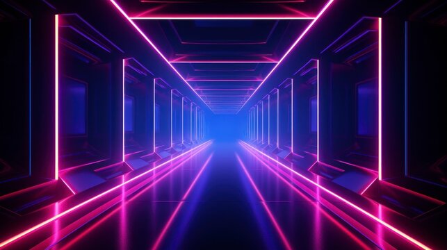  Futuristic tunnel with neon lights in 3d rendering