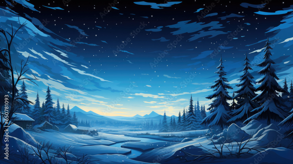 Poster Beautiful winter landscape with mountains in winter at night