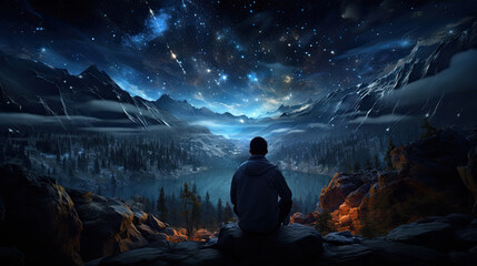 A man sits in a clearing outside in the forest and looks at the stars - obrazy, fototapety, plakaty