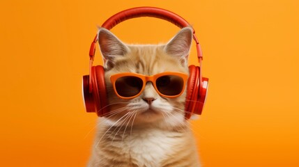Cat with red headphones and face hidden behind orange sunglasses on an orange background