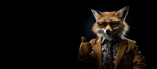 portrait of a fox wearing glasses and a suit and showing thumbs up. copy space. generative ai