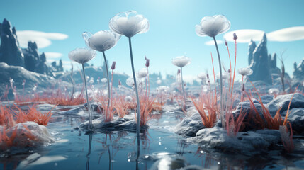 Creative illustration of beautiful flowers growing out of water in winter