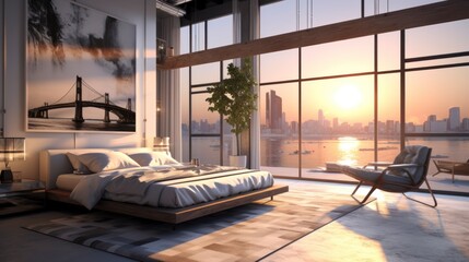 Luxurious bedroom interior in art deco style with a large window and stunning views