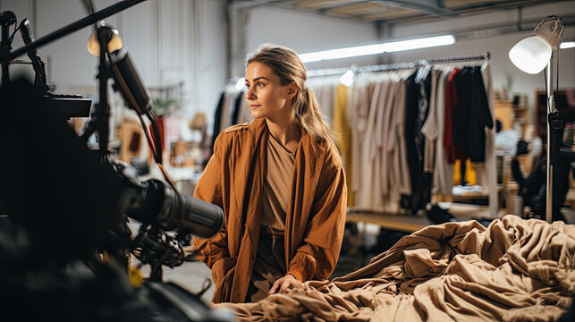 A woman gives an interview in a clothing factory