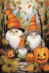 Fototapeta premium Halloween Gnomes Watercolor Cartoon Postcard