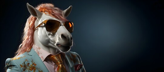 portrait of a unicorn wearing a suit and tie , copy space. generative ai