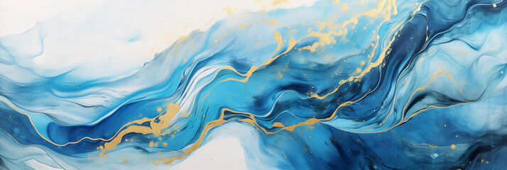 Abstract marble marbled ink painted painting texture luxury background banner, Blue waves gold painted