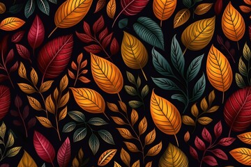 Autumn pattern with leaves and berries on black background.. Vector style illustration. Generative Ai