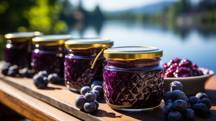 Obraz na płótnie Canvas Blueberry jam in glass on a wooden table