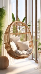 A cozy hanging chair in a sunlit room with a vibrant potted plant