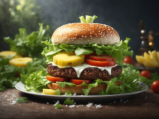 Delicious hamburger with fresh vegetables on wooden table, closeup. AI-Generated