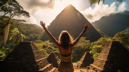Female hiker, full body, view from behind, standing in front of a big pyramid in the middle of the jungle with raised arms, hands clenched into fist - obrazy, fototapety, plakaty