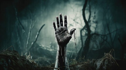 Rising from the Depths, Spooky Zombie Undead Hand Emerges from the Cemetery, Generative AI - obrazy, fototapety, plakaty